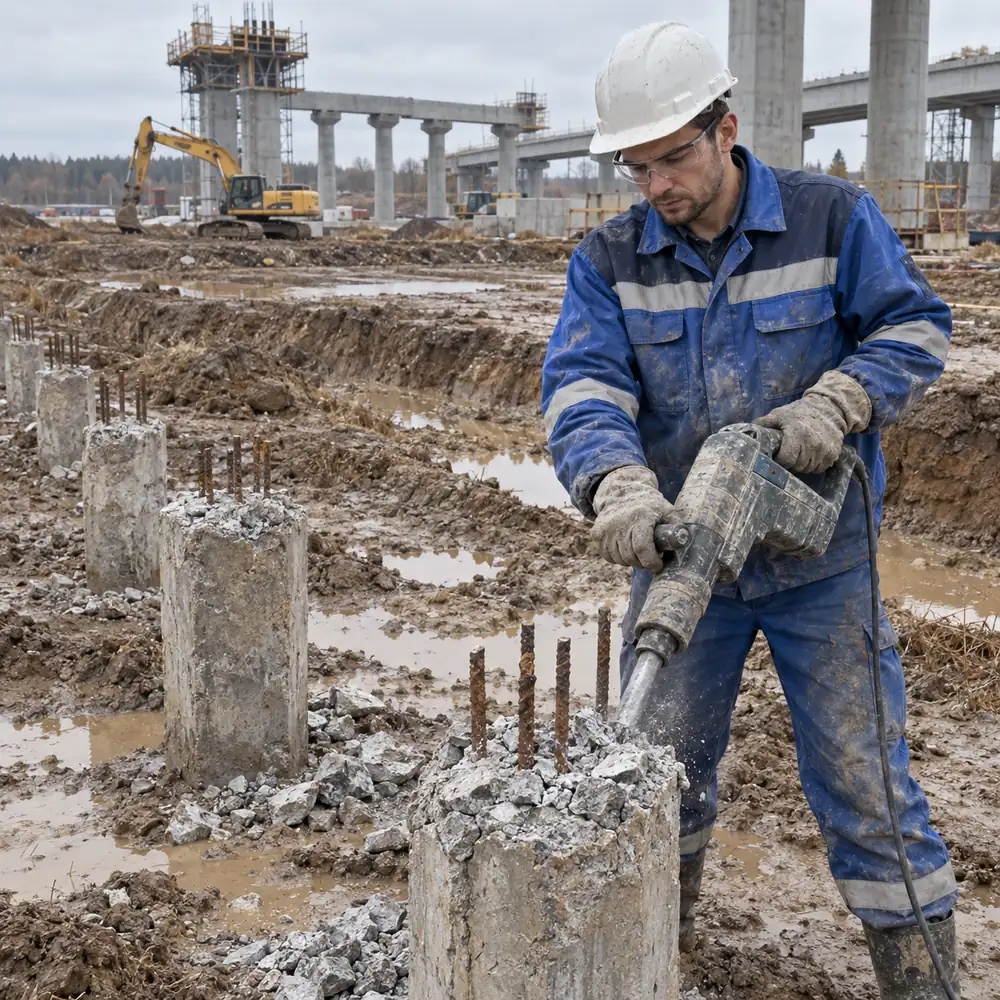 Дорожный рабочий в каске зачищает оголовки бетонных свай на стройке