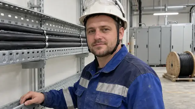 Электромонтажник у кабельных лотков в цеху