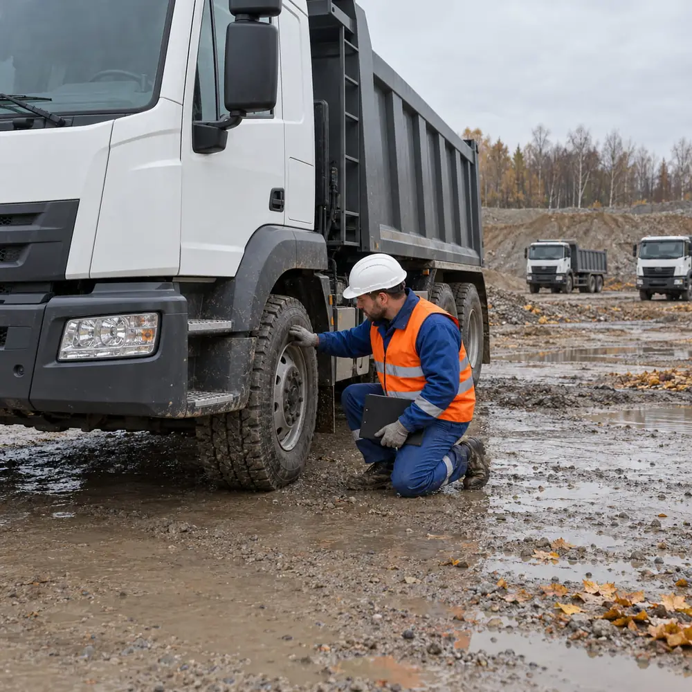 Водитель в каске и оранжевом жилете осматривает колесо нового трёхосного самосвала на строительстве железной дороги